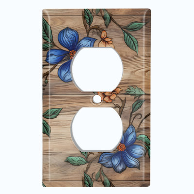 Metal Light Switch Plate Outlet Cover (Blue Flower Stem Brown - Single Duplex)