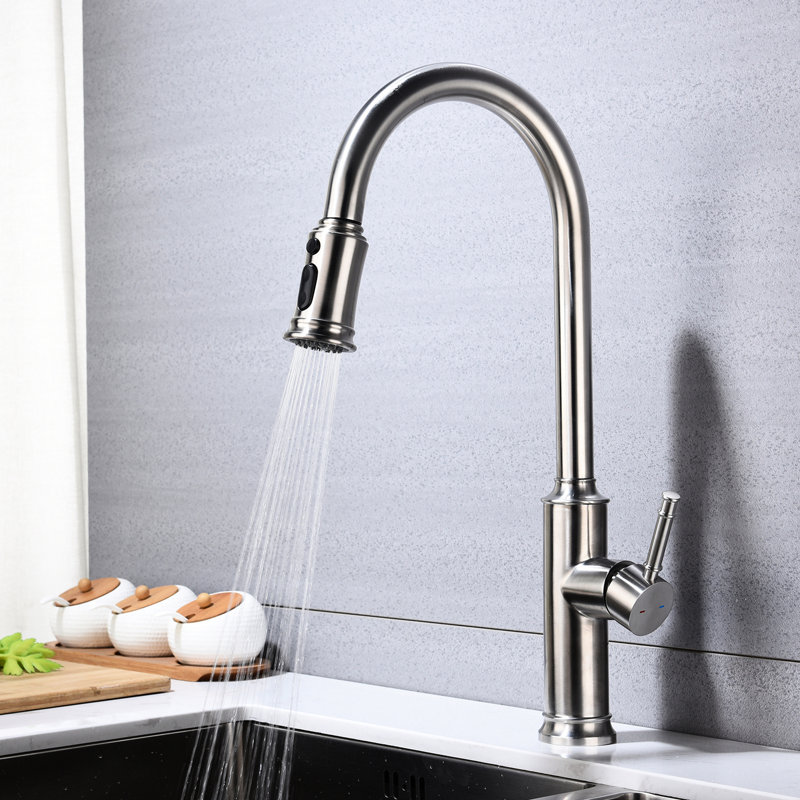 Pull Out Spray Kitchen Faucet In Stainless Steel, Brushed Nickel Design, 360 Rotating Nozzle For Hassle- Water Access, Corrosion And Rust Treatment, Single Handle Flow Adjuster Style, Easy Operation,