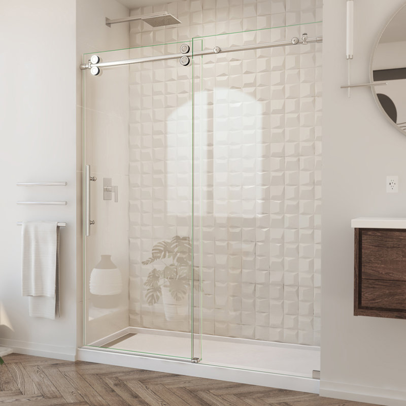 Porte de douche coulissante simple sans cadre H 76 po avec technologie ClearMax™ Enigma-XO, Acier inoxydable brossé