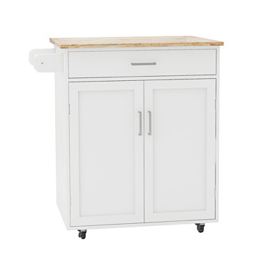 Kitchen Island Rolling Trolley Cart With Adjustable Shelves And Towel Rack Rubber Wood Table Top(No Include Stool)