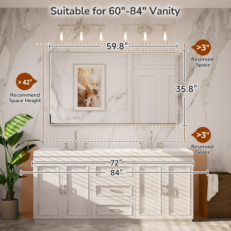 Areiona Beveled Bathroom Accent Vanity Mirror, 36" x 60", Brushed Nickel