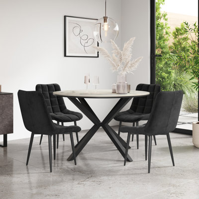 Calne 120cm Round Calcutta Gold Marble Effect Ceramic Dining Table Set with 6 Nova Velvet Chairs