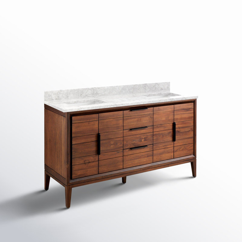 Meuble-lavabo double 60 po Aliso, Aucun trou de robinet, Marbre de Carrare, Café