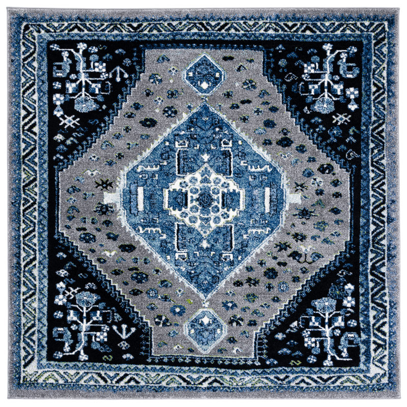 Tapis oriental bleu / noir / gris, Carré 6 pi 7 po