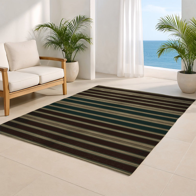Tapis intérieur / extérieur brun HorizontalStripes, Rectangle 5 pi x 7 pi