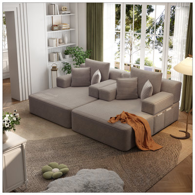 Ensemble 2 pièces surdimensionné de méridienne double, luxueux canapé-lit en velours côtelé moelleux avec 6 coussins et pochette de rangement pour les petits espaces, le cinéma maison et le salon