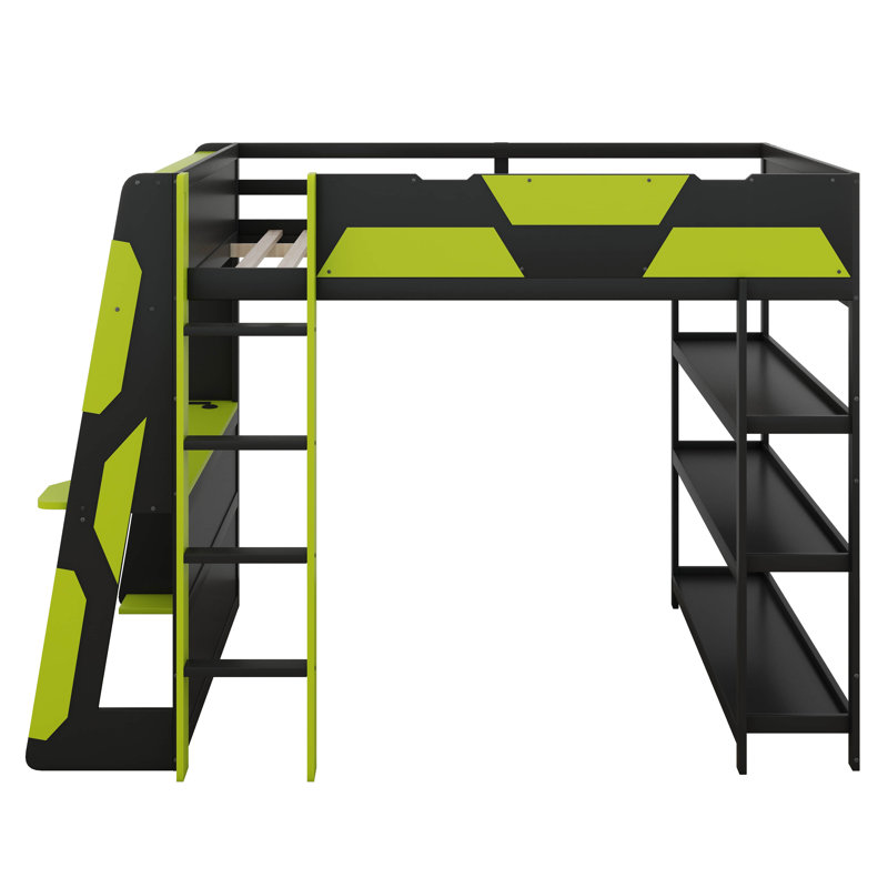 Gaming Loft Bed With Desk & Storage Shelves, Built-In Power Outlets & USB Ports, LED Lights, Black/Green