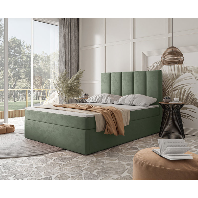 Box Spring Bed Jinesh with Bonell Mattress and Storage, 160 x 200cm, Green