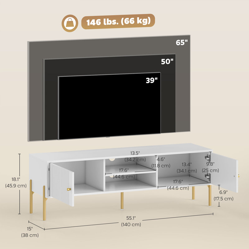 Meuble télé pour téléviseur de 65 po ou moins, console avec rangement, blanc, Blanc