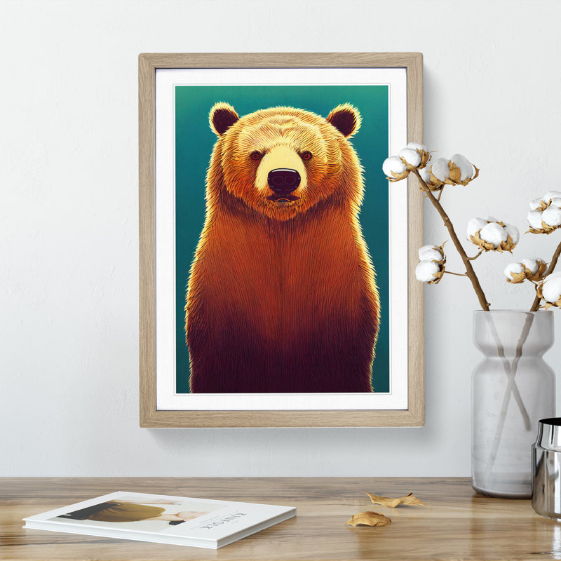 Young Bear - Single Picture Frame Painting, 34cm H x 25cm W x 2cm D, Oak