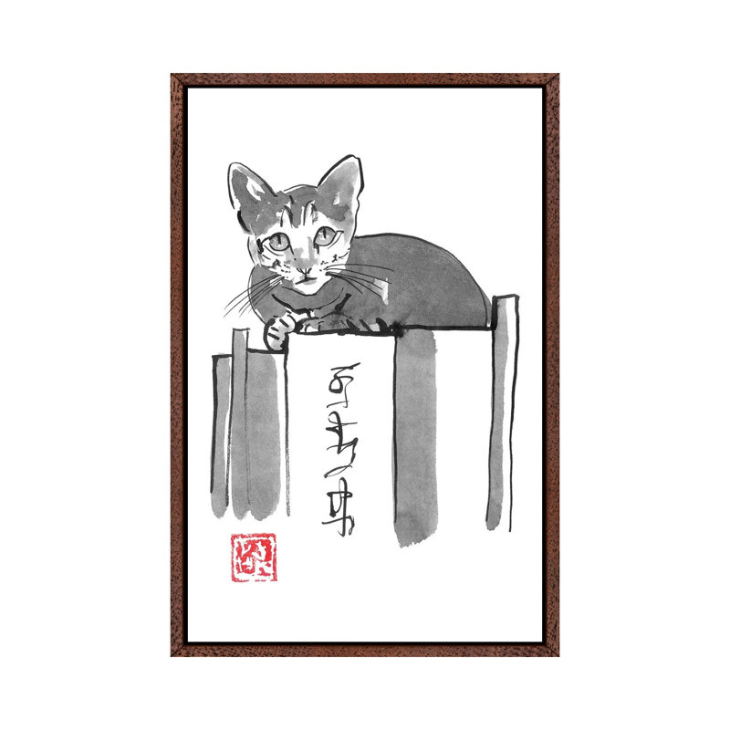 Cat On Books II by Péchane - Painting on Canvas, Classic Brown Wood Framed, 101.6 cm H x 66.04 cm W