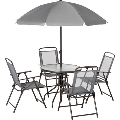 Outdoor Patio Table And Chairs For 4 - Gray. Umbrella, & Chairs. Folding With Mesh Seats. Tempered Glass Poolside. 42.5" D 6 Dining Umbrella Included. Foldable Patio. 7.75" W X 34.75" H