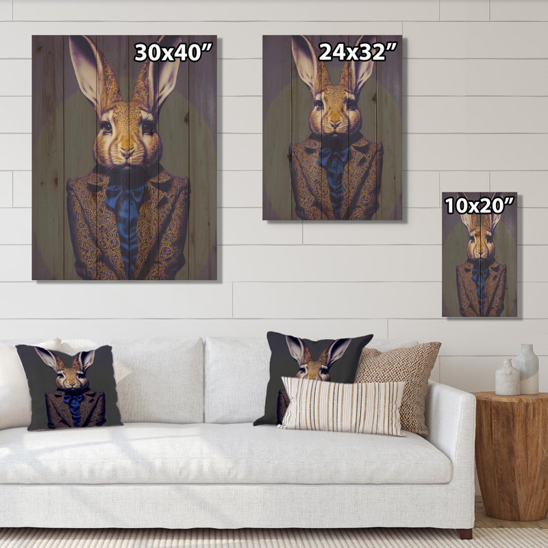 Lapin de fantaisie dans un costume gris et bleu - impression sur bois, L 12 po x H 20 po x P 1 po
