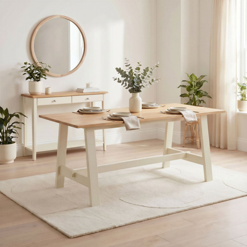 Blakeley Rectangular Trestle-Style Legs Wooden 6 Seater Dining Table - Inspired Farmhouse Style , Brown/Cream