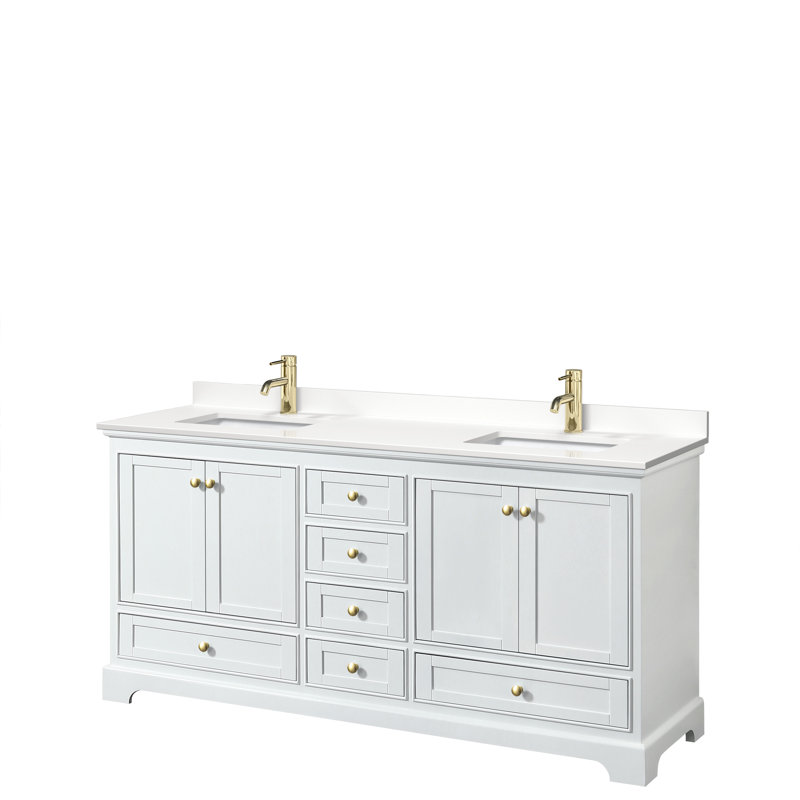 Ensemble de meuble-lavabo double autoportant 72 po avec plateau en quartz Deborah, Quartz blanc, Or brossé, Blanc