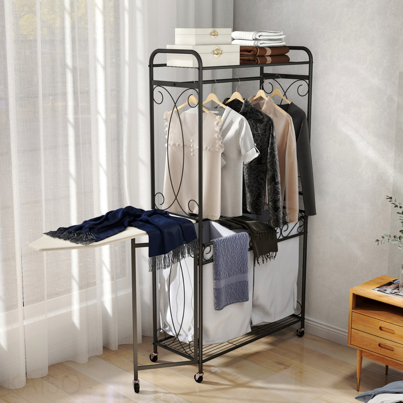 Organisateur de panier à linge multifonctionnel avec rail de suspension et tablette de rangement - Chariot à linge roulant sur roulettes, structure en métal robuste pour la salle de bain, la salle de lavage ou l'organisation de la chambre à coucher