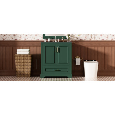 Meuble-lavabo moderne de 30 po avec lavabo en céramique facile à entretenir, structure en bois massif, 1 tiroir, 2 portes à fermeture en douceur, tablettes doubles, autoportantes, poignées en alliage de zinc, quai de rangement amélioré et tablettes