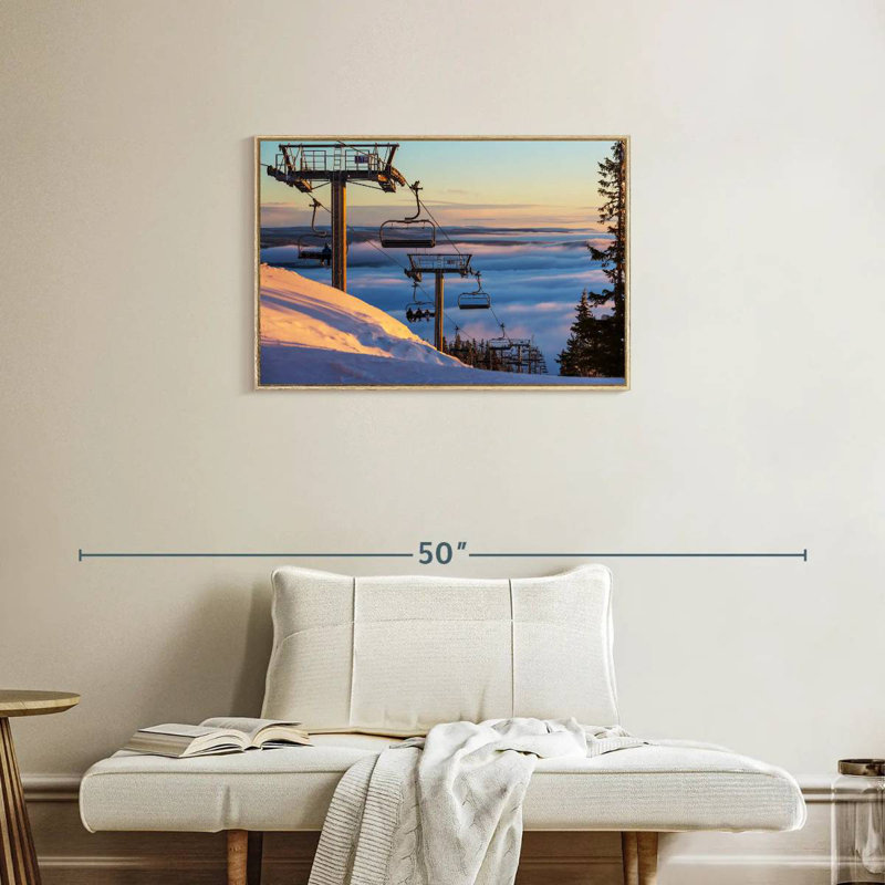 Remontées mécaniques au coucher du soleil, Cadre flottant en bois naturel, 31 po x 21 po