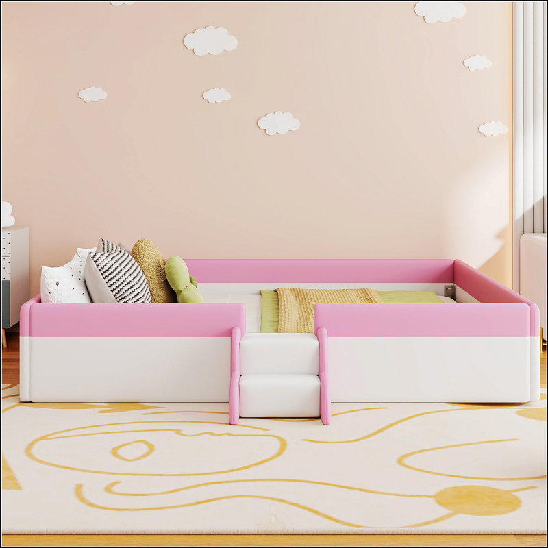Full Size Upholstered Daybed Frame With Fence And Stairs, Combining Comfort And Safety For Modern Bedrooms, White/Pink, Full