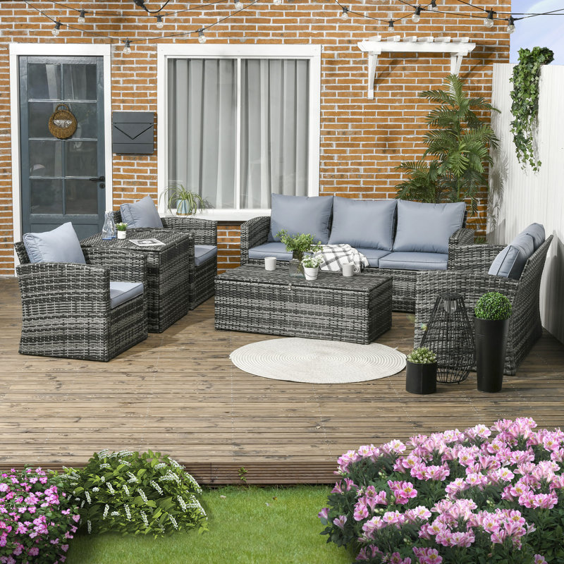 Outsunny 6 PCS Patio Rattan Sofa Set Conversation Furniture, Grey