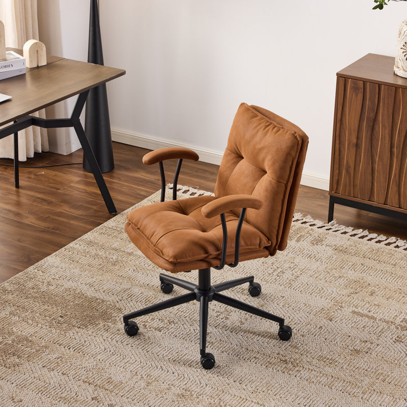 Tufted Button Double Layer Padding Faux Leather Swivel Office Chair, Brown