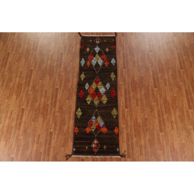 Tapis de couloir géométrique brun foncé noué à la main 3 x 10