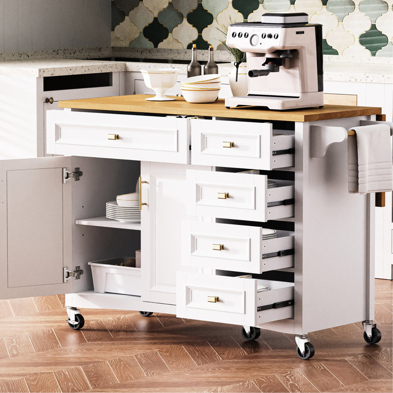 White Kitchen Island With Wheels And Drop Leaf. Pattern, Spice Rack, Towel 2 Doors, 5 Drawers, Adjustable Shelf For Leaf Design. Decoration, Neatness