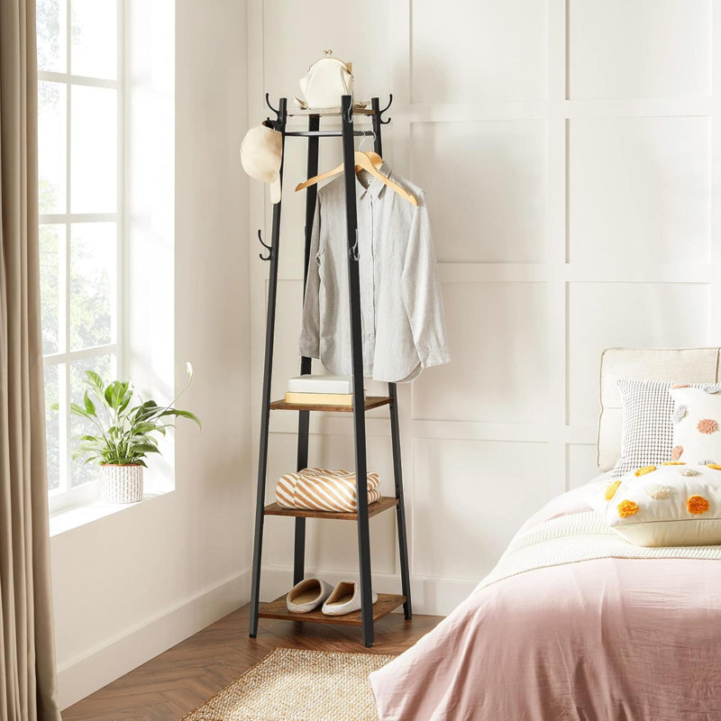 Coat Rack, Coat Stand With 3 Shelves, Hall Tree Free Standing With Hooks For Scarves, Bags, Umbrellas, Steel Frame, Industrial Style, For Entryway, Living Room, Rustic Brown And Black ULCR80X