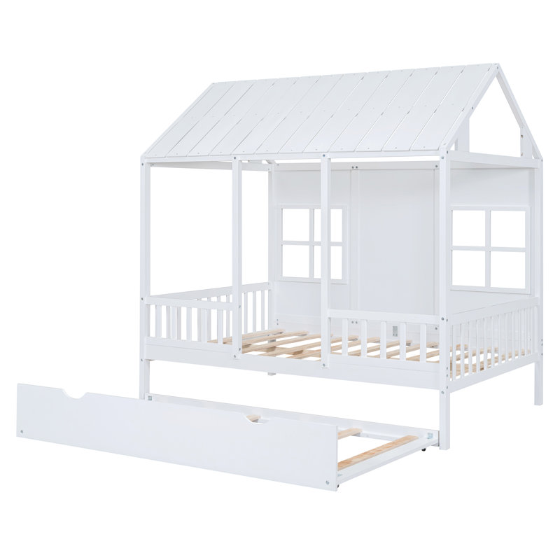 Wood House Bed With Trundle, Wooden Daybed, Full/Double