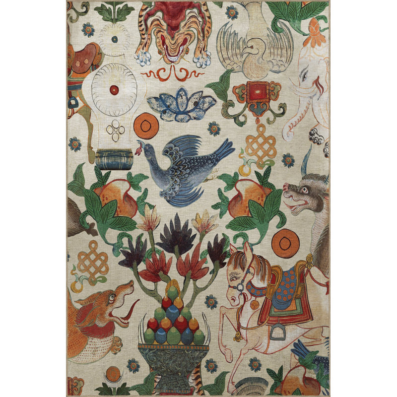 Tapis décoratif moderne à motif clair de dragon, d'éléphant et de cheval, Rectangle 4 pi 7 po x 6 pi 6 po