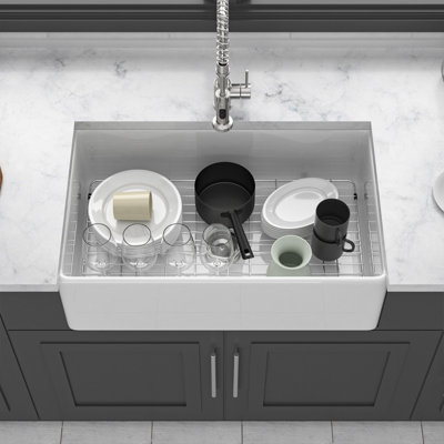 White Porcelain Ceramic Kitchen Sink, Single Bowl, Reversible Design, 33 X 18 X 10 Inch | Gift Idea