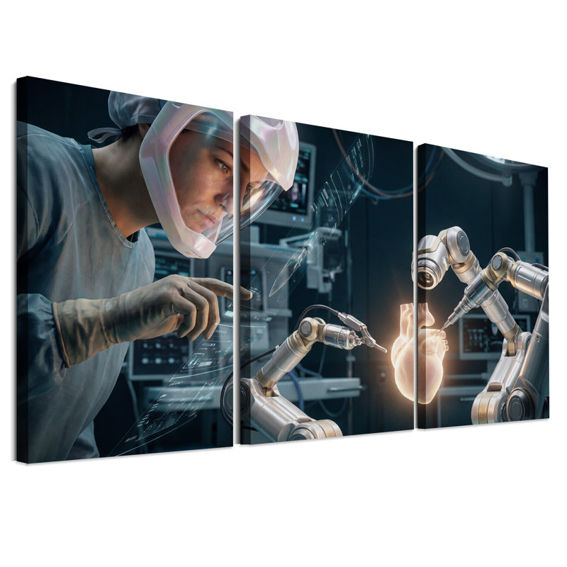 «Surgeon and Robotic Arms with Holographic Heart», ensemble de 3 toiles, H 18 po x l 12 po x 3 pièces