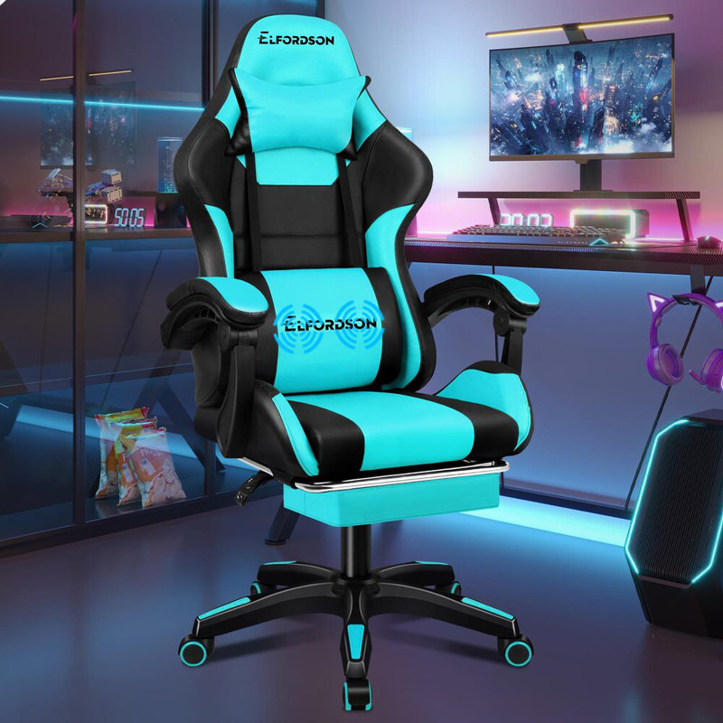ELFORDSON Adjustable Reclining Swiveling PC & Racing Game Chair with Footrest, Cyan