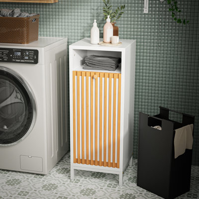 Armoire de salle de bain avec façade en bambou et panier à linge - naturel / blanc