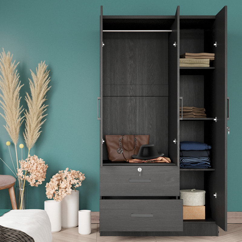  Armoire garde-robe avec deux miroirs pratiques placés sur les portes et deux tiroirs, Noir