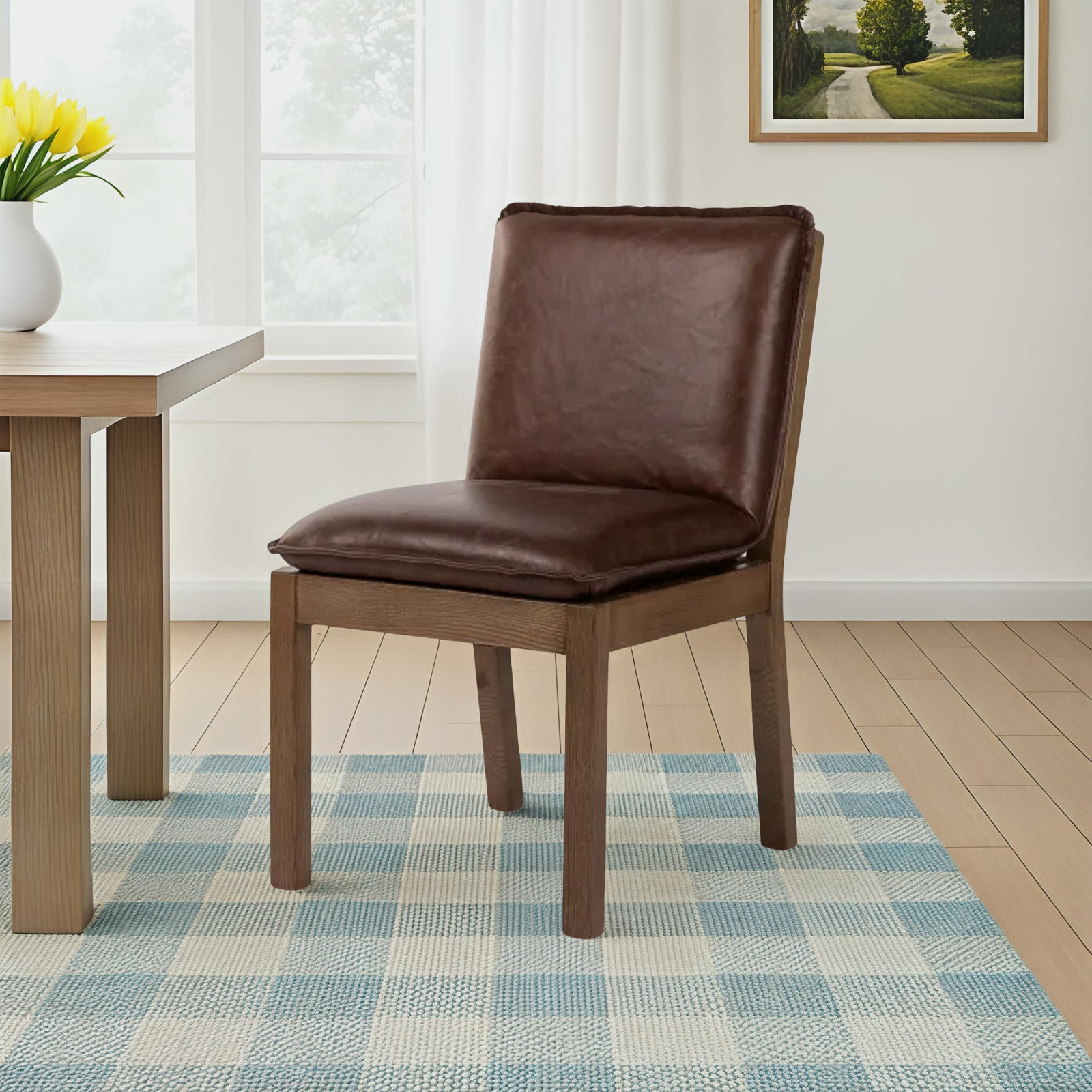 Cori Genuine Leather Oak Dining Chair, Brown Genuine Leather