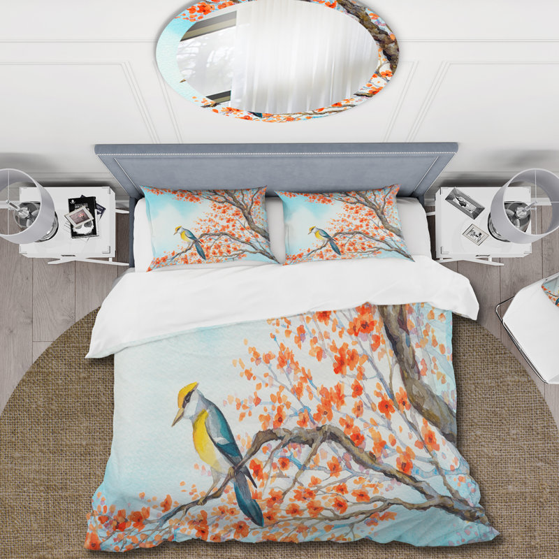 Magnifique oiseau orange sur une branche en fleurs - Ensemble de housse de couette traditionnel - Microfibre de polyester