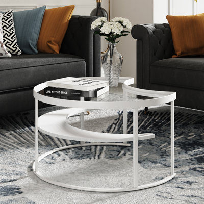Table basse minimaliste moderne en forme de lune avec plateau en verre trempé et tablette de rangement ouverte