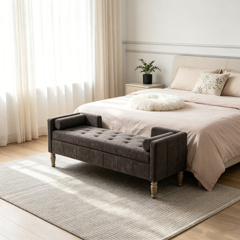 Banc de rangement avec revêtement en chenille, structure et pieds en bois massif, banc avec repose-pieds relevable avec coussin décoratif pour chambre à coucher, vestibule et siège de fenêtre