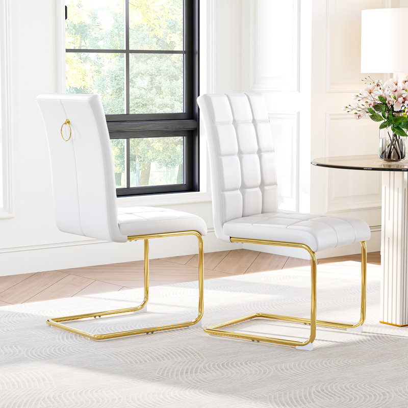 Modern Premium Faux Leather Conference Chairs with C-Shaped Tube Metal Legs and High Back, Gold, White