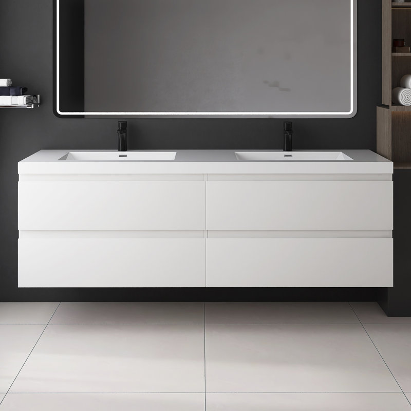 Meuble-lavabo mural double 72 po avec plateau en marbre Zahlia