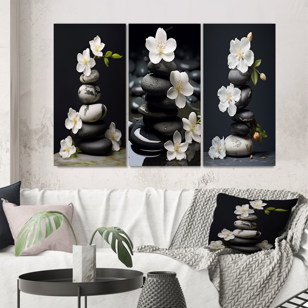 " Zen Serenity White Flowers Black Stone Cairn " 3 - Pieces Red Barrel Studio® Overall
