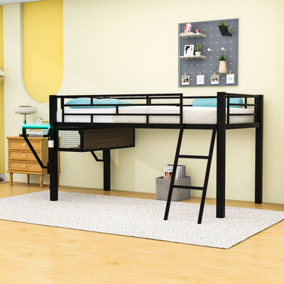 Lit mezzanine en métal avec bureau, éclairage DEL et tablettes
