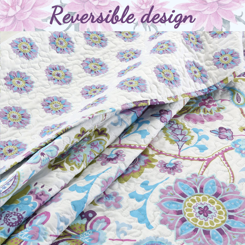 Ensemble de courtepointe réversible en microfibre bleu / mauve 3 pièces, Courtepointe grand + 2 couvre-oreillers standard