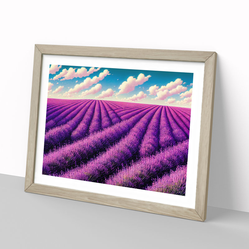Artsy Lavender Flower Field - Single Picture Frame Print, 46cm H x 64cm W, Oak