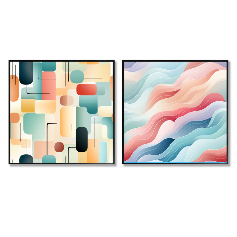 Crisey - Ensemble de 2 collages carrés à formes abstraites, Cadre flottant noir, H 16 po x l 33 po