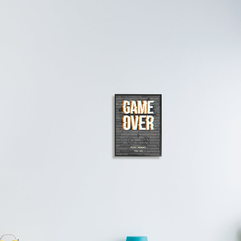 " Game Over Gamer Phrase Retro Controller Brick Pattern ", White Framed, 14" H x 11" W