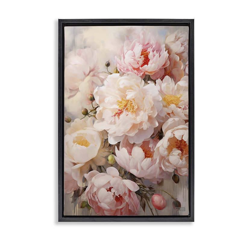 Collage de pivoines roses, toile flottante encadrée par Roozbeh Bahramali, Cadre flottant noir de jais, H 20 po x l 30 po