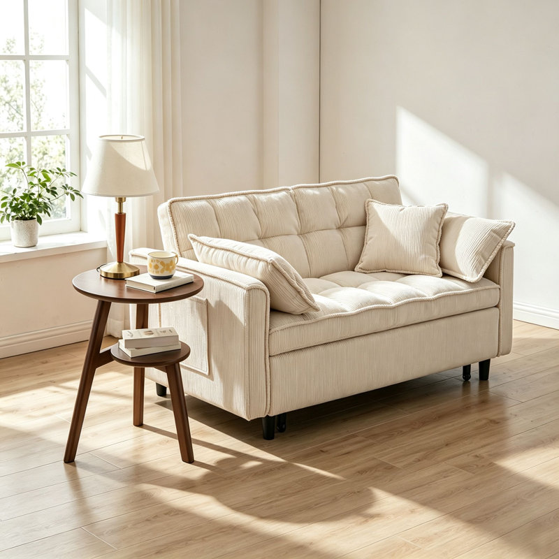 Canapé-lit pliant moderne 3 en 1 en velours côtelé de 140 cm avec 2 coussins lombaires et table d'appoint ronde à 2 niveaux en bois massif, ensemble de meubles multifonctionnels pour salon, chambre et bureau