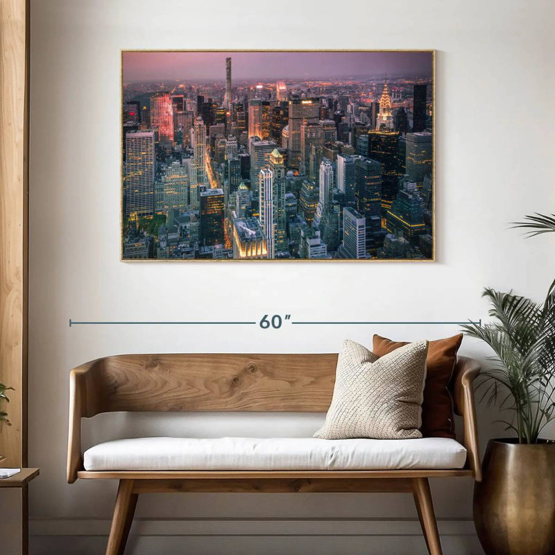 Lumières du paysage urbain de New York, 46 po x 31 po, Cadre flottant en bois naturel